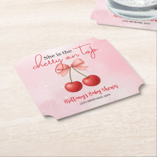 Cherry on Top Pink Girl Baby Shower Paper Coaster
