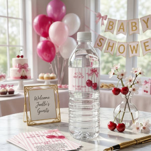 Cherry On Top Pink Girl Bow Baby Shower Water Bottle Label
