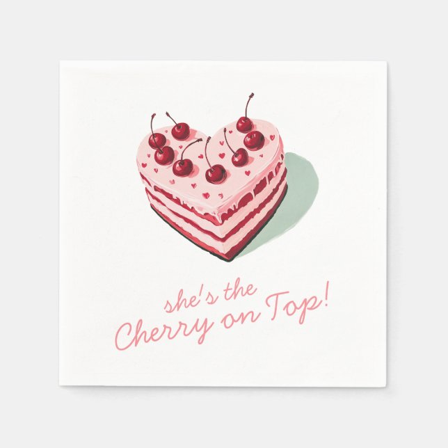 Cherry on Top Pink Heart Cake Bridal Shower Napkin (Front)