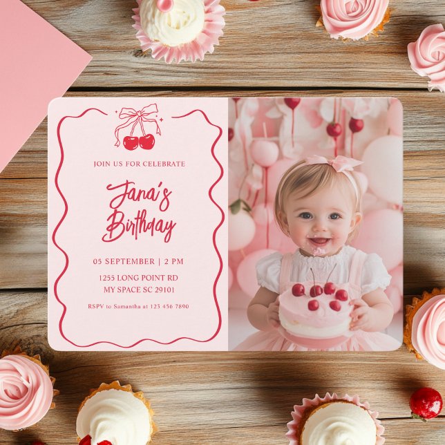 Cherry on Top | Pink & Red Cherry Photo Birthday  Invitation (Creator Uploaded)