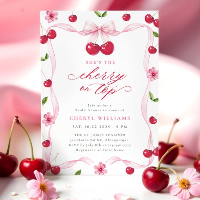 Cherry On Top Pink Ribbon Bridal Shower Invitation (Creator Uploaded)