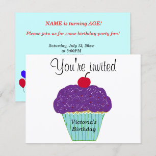 Cherry on Top Purple Frosting Vanilla Cupcake Invitation