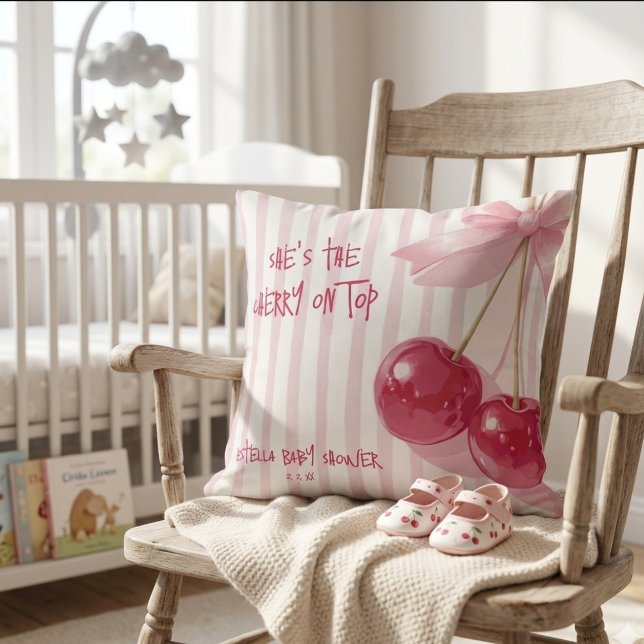 Cherry on Top Red Pink Retro Bow Summer Shower Cushion (Creator Uploaded)