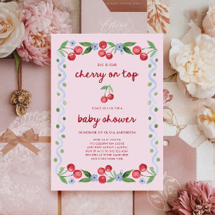 Cherry on Top Red Script Whimsical Baby Shower Invitation