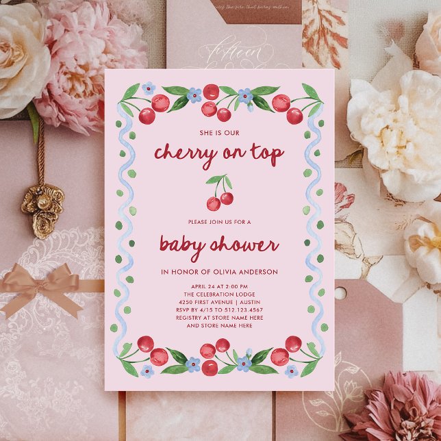 Cherry on Top | Red Script Whimsical Baby Shower  Invitation (Creator Uploaded)