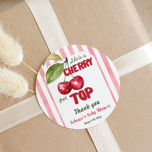 Cherry on Top Retro Pink Stripe Baby Shower Classic Round Sticker
