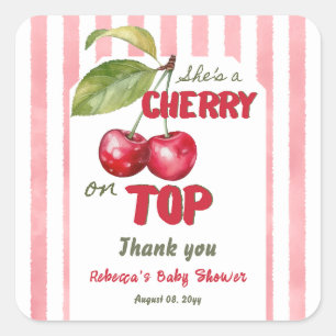 Cherry on Top Retro Pink Stripe Baby Shower Square Sticker