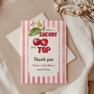 Cherry on Top Retro Pink Stripe Baby Shower Thank You Card