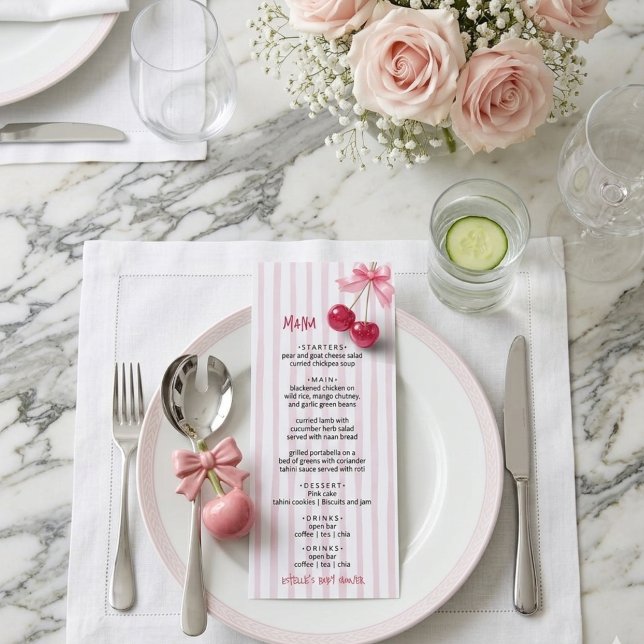 Cherry On Top Retro red pink Bow Baby Shower Menu (Creator Uploaded)