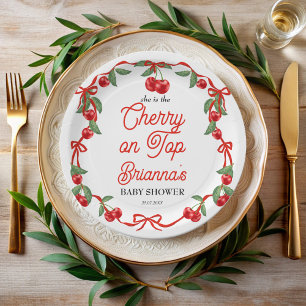Cherry on top ribbon coquette baby shower paper plate