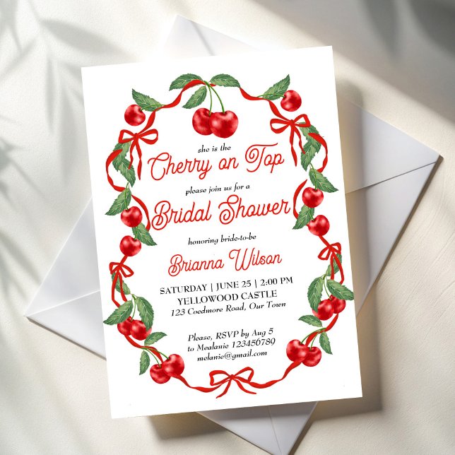 Cherry on top ribbon coquette bridal shower invitation (Cherry on top ribbon coquette cherry bridal shower invitation template whimsical cherry border invit)