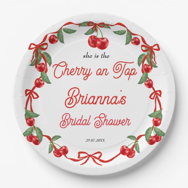 Cherry on top ribbon coquette bridal shower paper plate (Front)