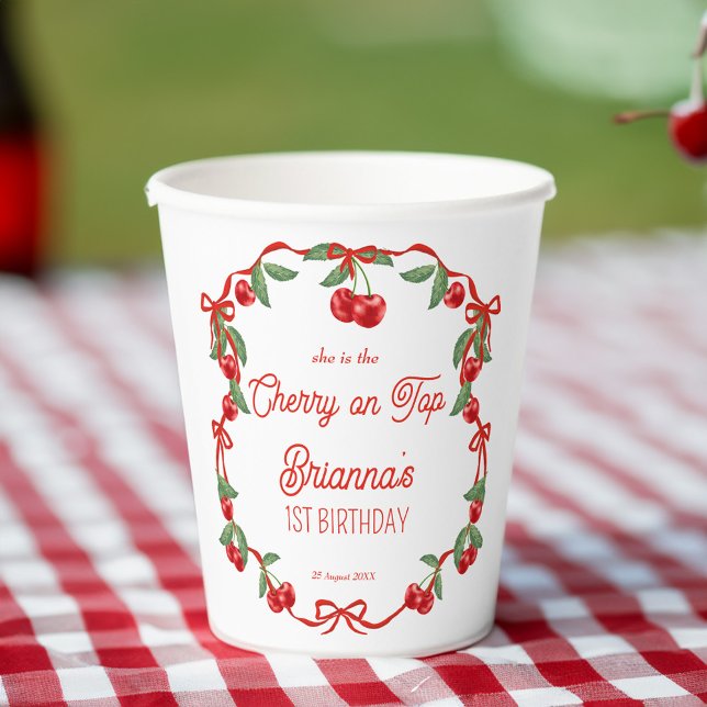 Cherry on top ribbon whimsical birthday monogram paper cups (Cherry on top ribbon whimsical cherry birthday party monogrammed paper cups personalized table decor)