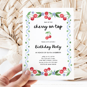 Cherry on Top   Whimsical Vintage Birthday Party Invitation