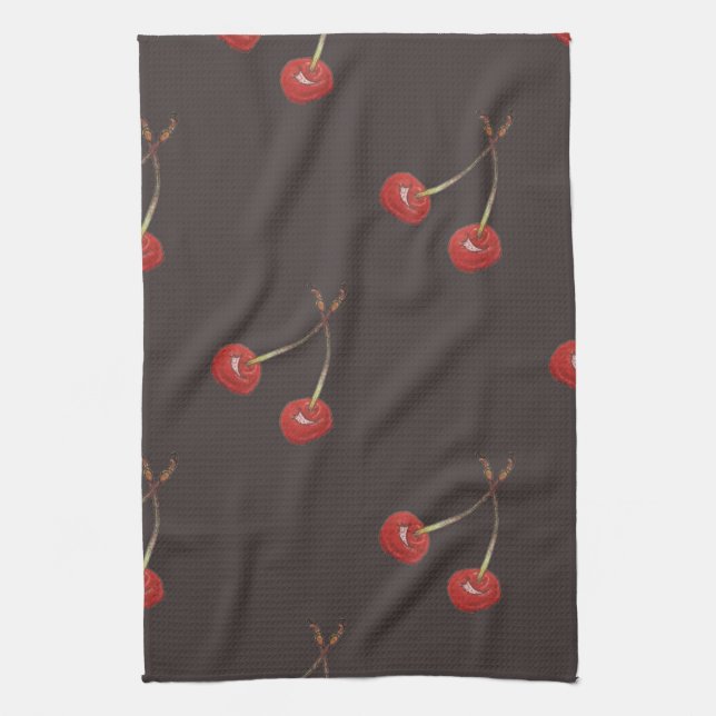 Cherry Pair Pattern (Dark Chocolate) Tea Towel (Vertical)