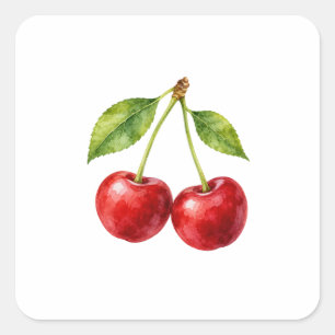 Cherry Pair with Green Leaves Square Sticker
