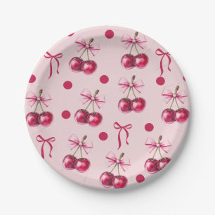 Cherry Pastel Pink & Red Bow Birthday   Paper Plate