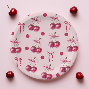 Cherry Pastel Pink & Red Bow Birthday Paper Plate