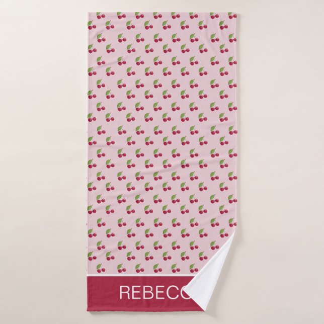 Cherry Pattern Cute Pink Personalised Bath Towel (Bath Towel)