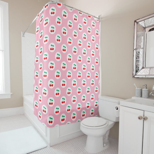 Cherry Pattern – Retro Fruit Gift & Decor Shower Curtain (In Situ)