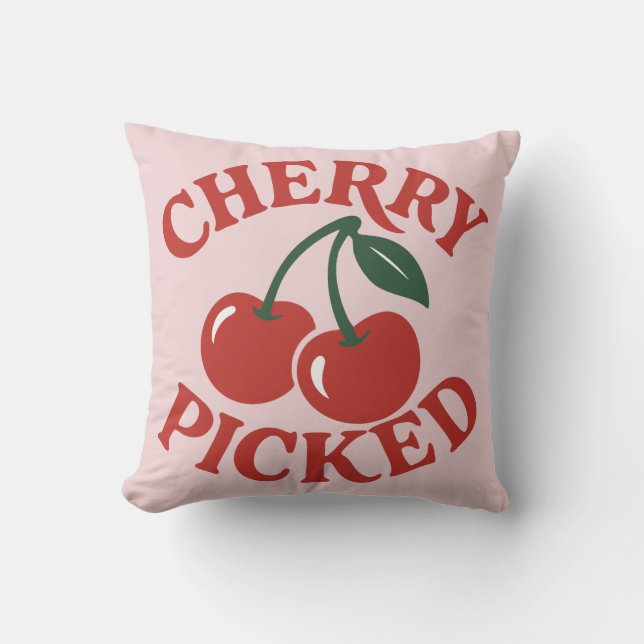 Cherry Picked Trendy Retro Fruit Graphic Pink Cushion (Front)