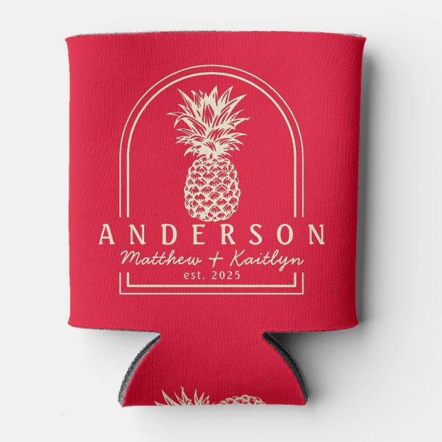 Cherry Picking Pink Pineapple Wedding Arch & Name Can Cooler (Front)