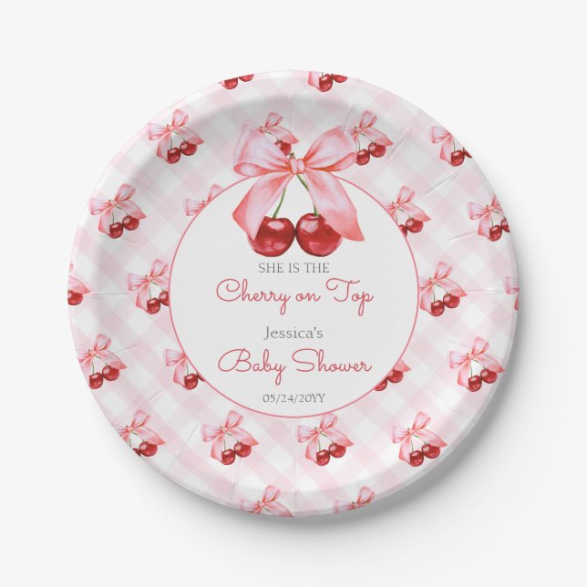 Cherry Pink Bow Baby Shower Paper Plate (Front)