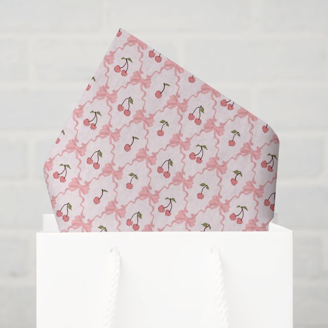 Cherry Pink Bow Tissue Paper, Decoupage Cherries Paper (Gift Bag)