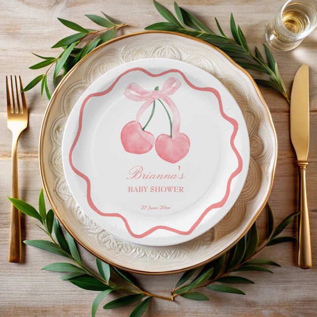 Cherry pink coquette baby shower customised paper plate (Cherry pink coquette baby shower customized paper plates monogrammed plates personalized tableware)