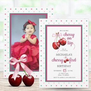  Cherry Pink Coquette Bow First Birthday Photo Invitation