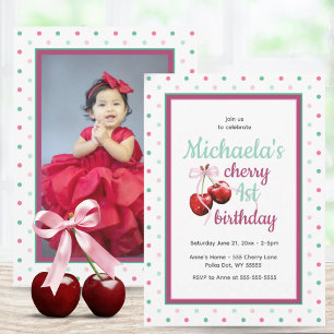  Cherry Pink Coquette Bow First Birthday Photo Invitation