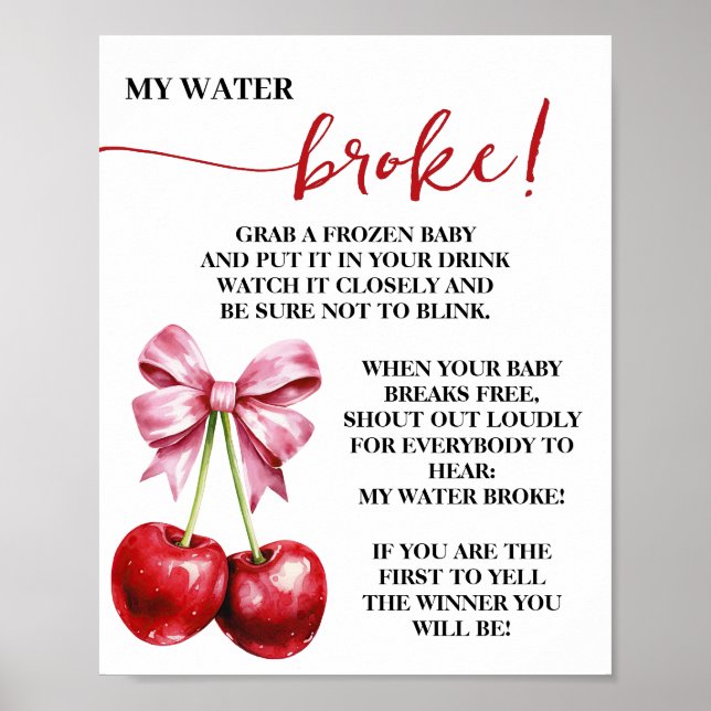 Cherry Pink Coquette My Water Broke Baby Shower Poster (Front)