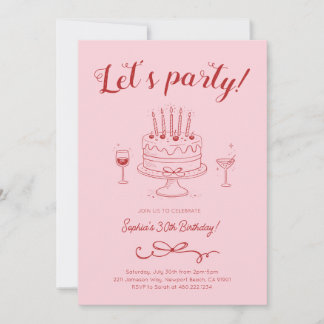 Cherry Pink Red Birthday Cake Invitation