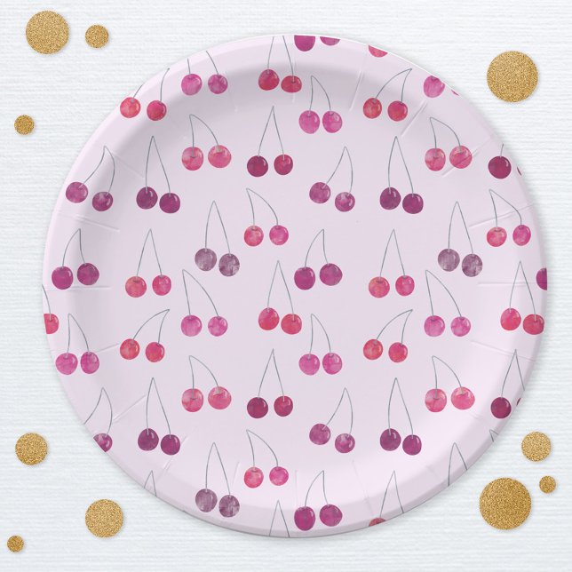 Cherry Pink Watercolor Paper Plate (Cherry pink watercolor pattern party paper plates)