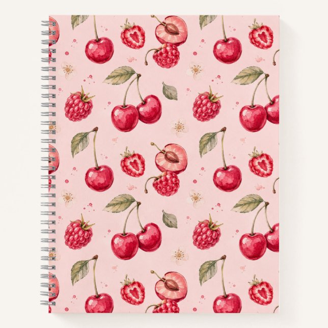 Cherry Raspberry Watercolor Fruit Pattern Notebook (Front)