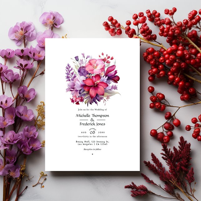 Cherry Red and Heather Purple Floral Fall Wedding Invitation (Creator Uploaded)
