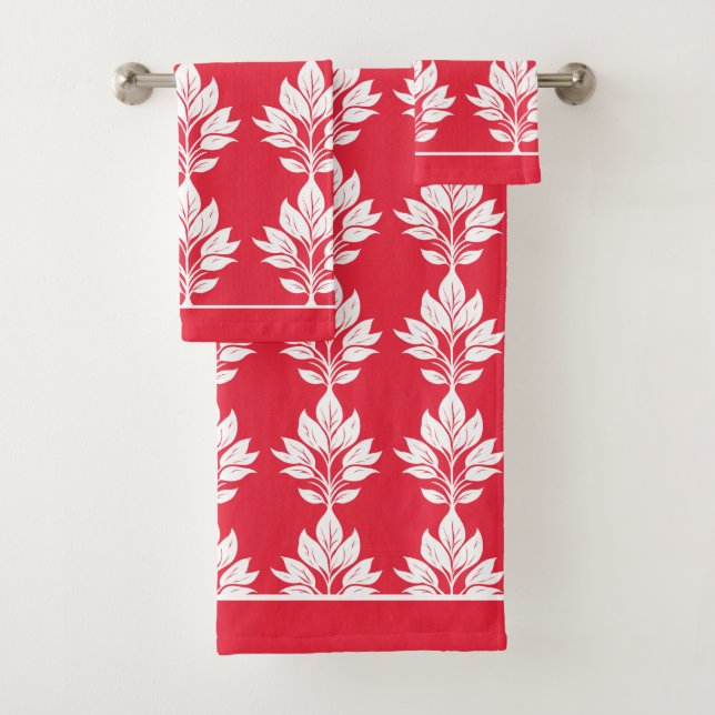 Cherry Red and White Elegant Leaf Pattern Bath Towel Set (Insitu)