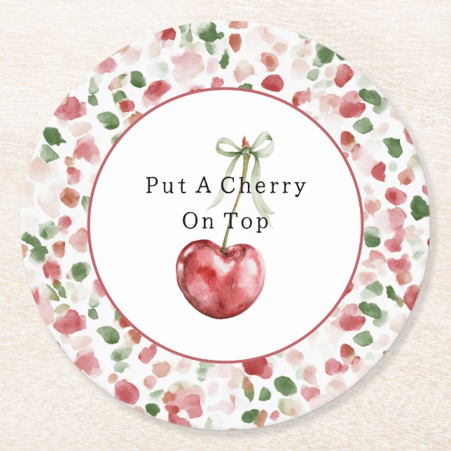 Cherry Red Apple Green Petals Round Paper Coaster (Front)
