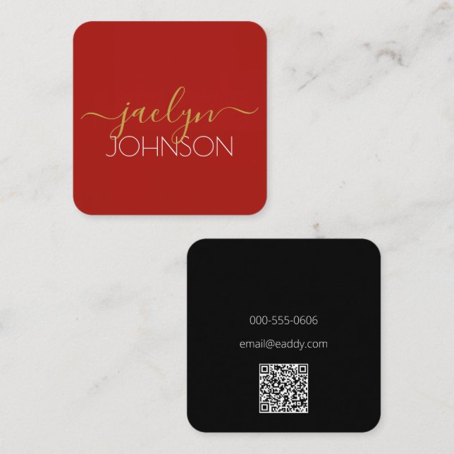 Cherry Red Black Gold Personalised Name Minimalist Square Business Card (Front/Back)