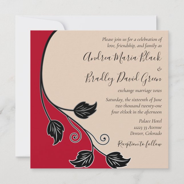 Cherry Red Champagne Black Leafy Vine Wedding Invitation (Front)