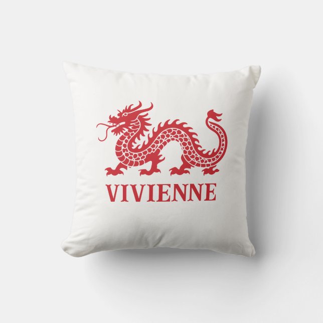 Cherry Red Chinoiserie Dragon Custom Name Cushion (Front)
