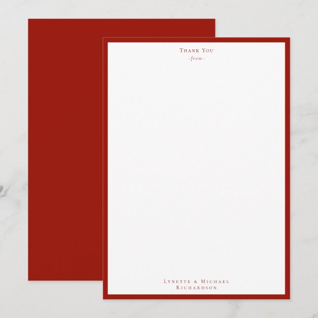 Cherry Red Classic Border Flat Thank You Card (Front/Back)
