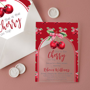Cherry Red Coquette Bow Girl Baby Shower Acrylic Invitations