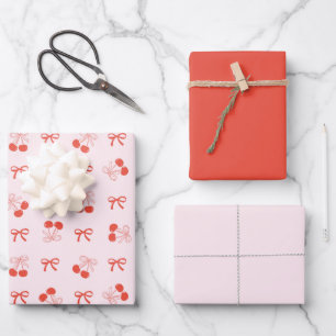 Cherry Red Coquette Bow Girly Wrapping Paper Set
