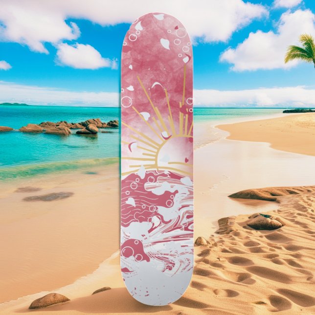 Cherry Red Crimson Gold Sunset Sun & Sea Skateboard (Creator Uploaded)