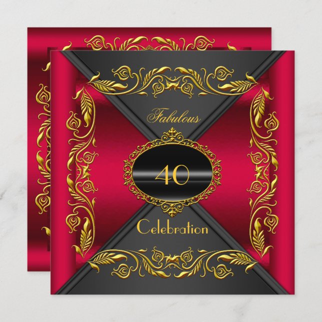 Cherry Red Elegant Black Gold Fabulous 40th Party Invitation (Front/Back)