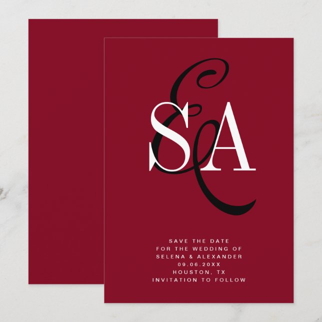 Cherry Red Elegant Script Monogram Wedding Save The Date (Front/Back)