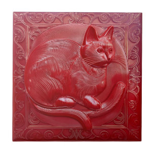 Cherry red faux relief Art Nouveau Cat Ceramic Tile