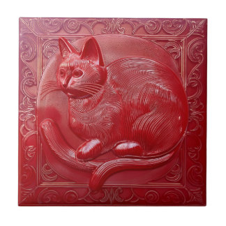 Cherry red faux relief Art Nouveau Cat Ceramic Tile