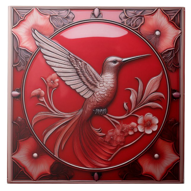 Cherry red faux relief Art Nouveau Hummingbird R Ceramic Tile (Front)